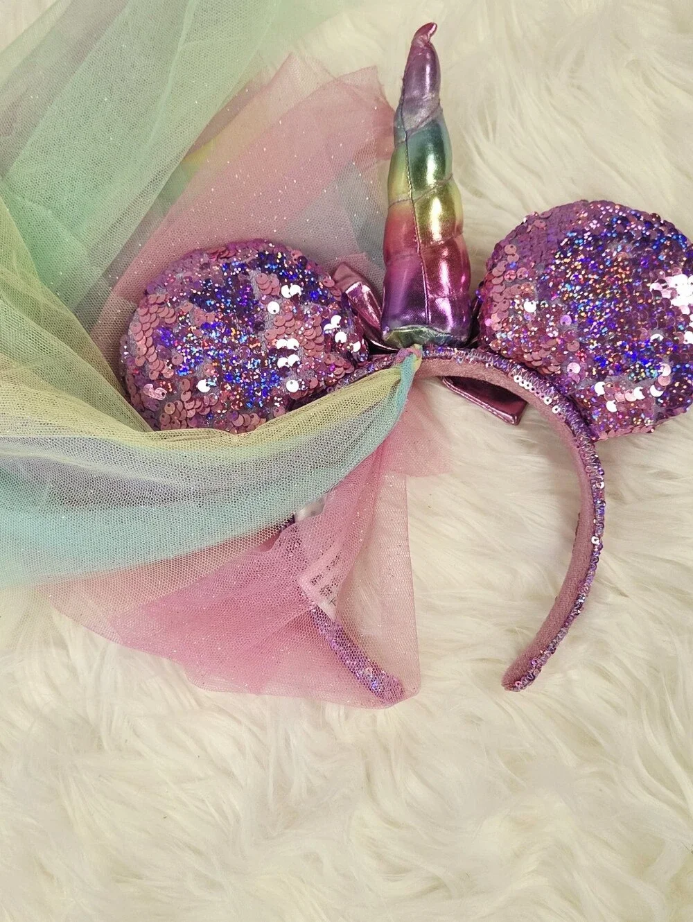 Disney Parks Unicorn Sequin Ear Headband with Rainbow Veil